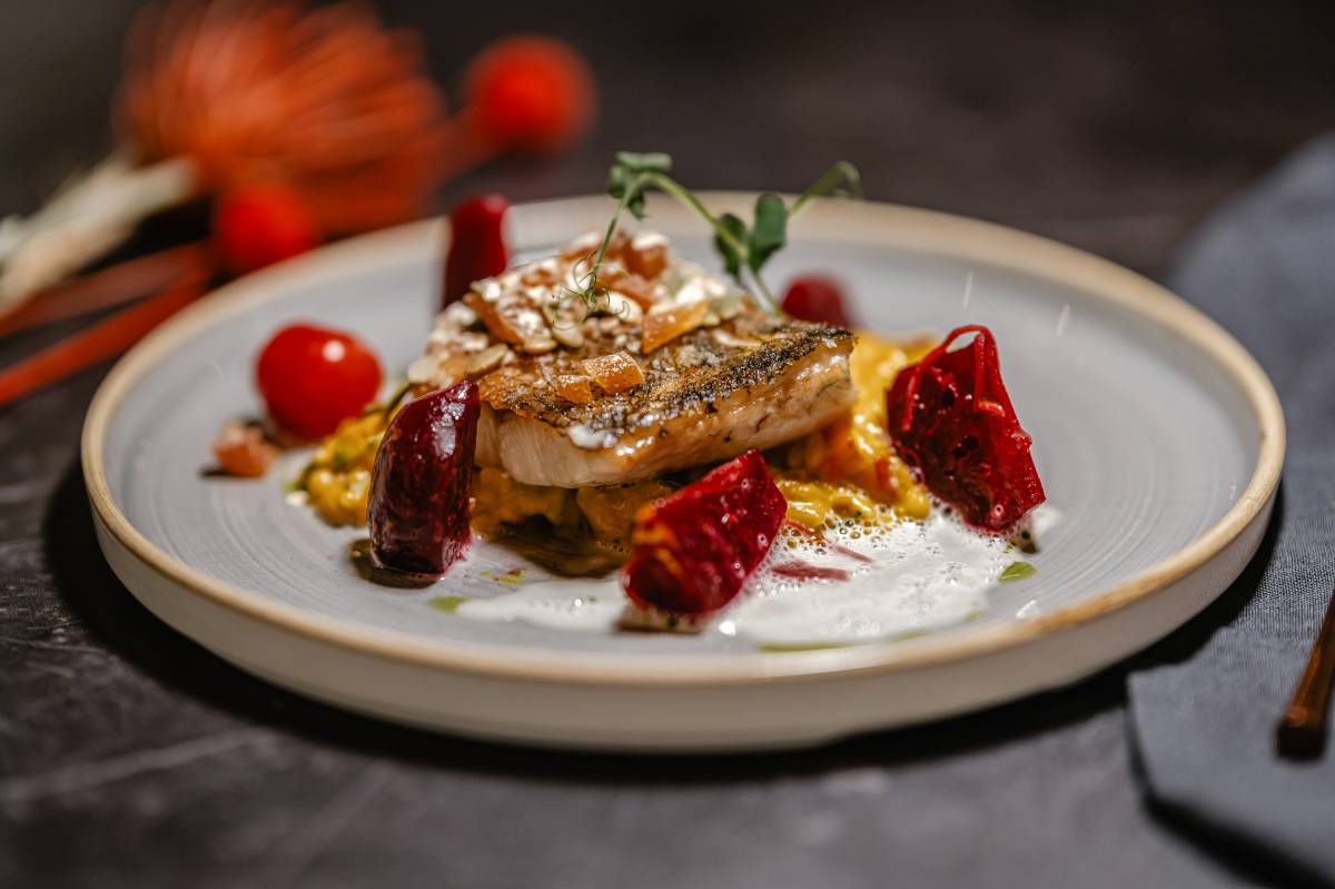 Zanderfilet gebraten mit Granola von Kürbiskernen und getrockneten Aprikosen, eingelegter Rote Bete und cremigem Risotto in der Düne 48.