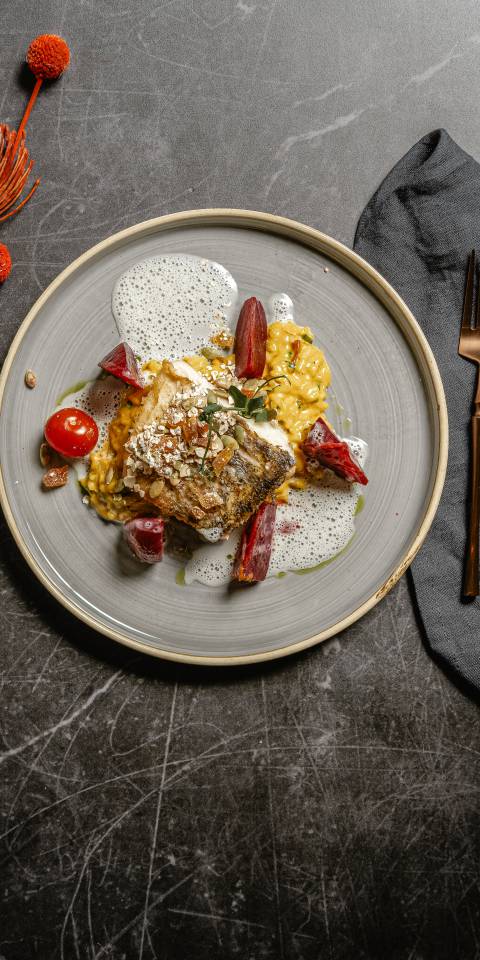 Gebratenes Zanderfilet auf cremigem Risotto mit Roter Bete und Kräutern im Restaurant Düne 48 im DAS AHLBECK HOTEL & SPA auf Usedom