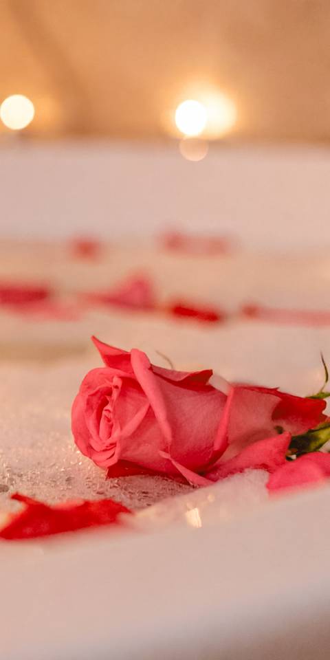 Rosa Rose mit Blütenblättern auf Schaum in einer Badewanne mit Kerzenlicht im Private Spa des Das Ahlbeck Hotel & Spa****s
