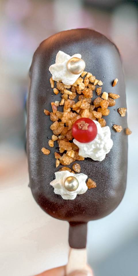 Cake-Pop vom DER AHLBÄCKER – schokolierter Kuchen am Stiel mit Knusperdekor und Sahnetupfen