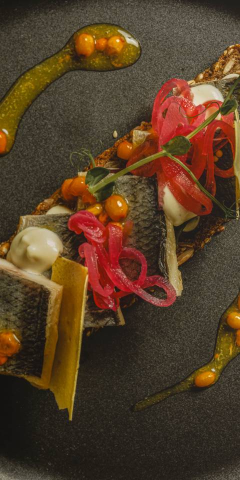 mariniertes-heringsfilet-mit-sanddornbeeren-einer-feinen-knoblauch-kartoffelcreme-und-eingelgten-zwiebeln-auf-volkornbrot in der Düne 48