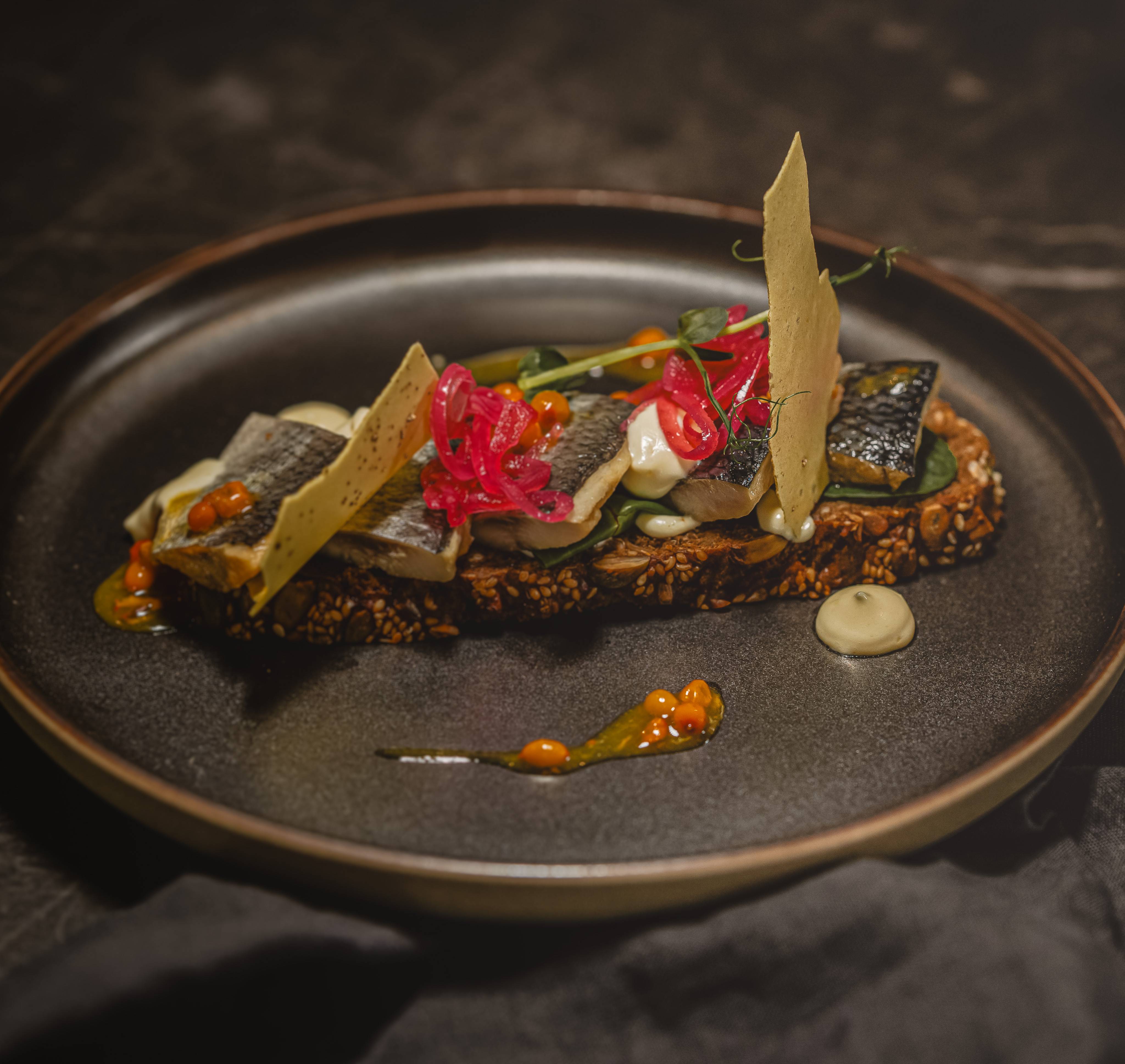 mariniertes-heringsfilet-mit-sanddornbeeren-einer-feinen-knoblauch-kartoffelcreme-und-eingelgten-zwiebeln-auf-volkornbrot in der DÜNE 48