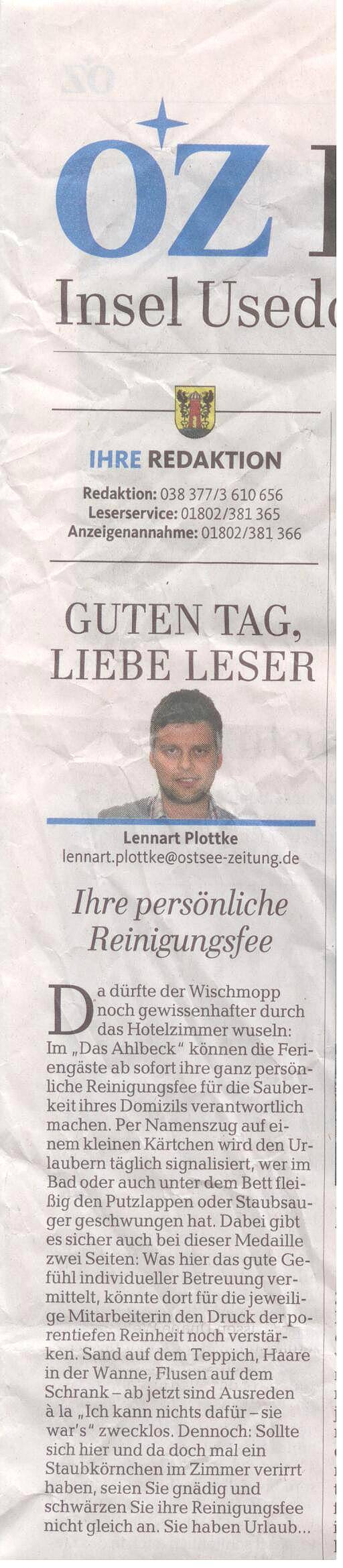 DAS AHLBECK in der Ostsee-Zeitung Symbolfoto