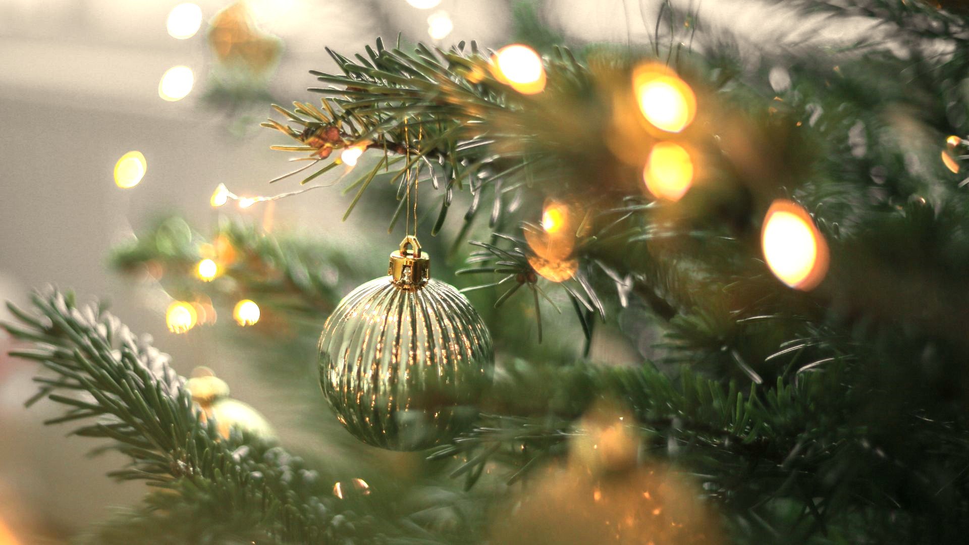 weihnachtlicher Ausschnitt von einem Weihnachtsbaum grüner Tannenzweig geschmückt mit einer Lichterkette und einer großen silberglänzenden, angehängten Weihnachtskugel